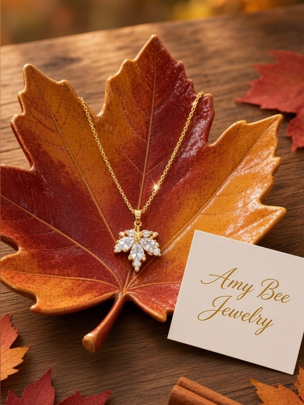 18k Gold Plated Cubic Zircon Leaf Pendant Necklace. New.